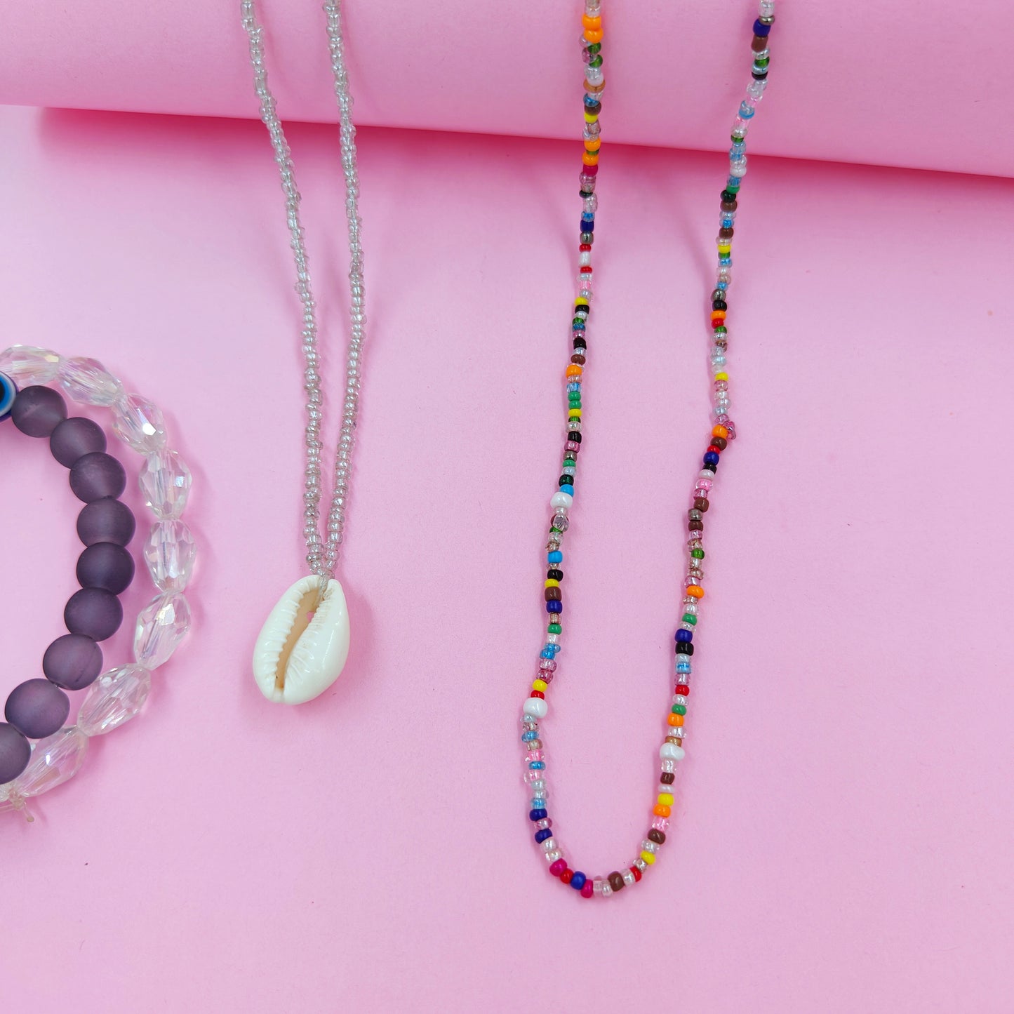 Silver shell +multibeads necklace