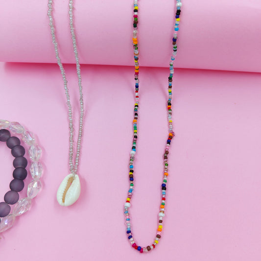 Silver shell +multibeads necklace