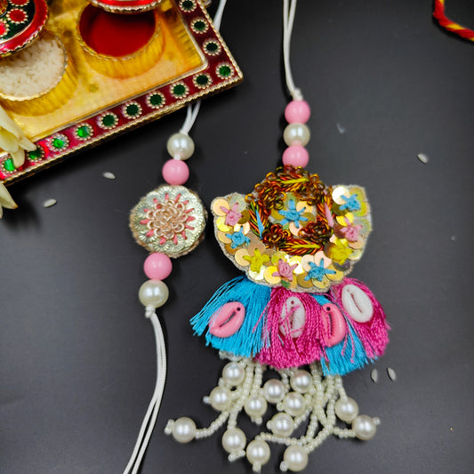 Pink Blue Floral Rakhi Lumba Set