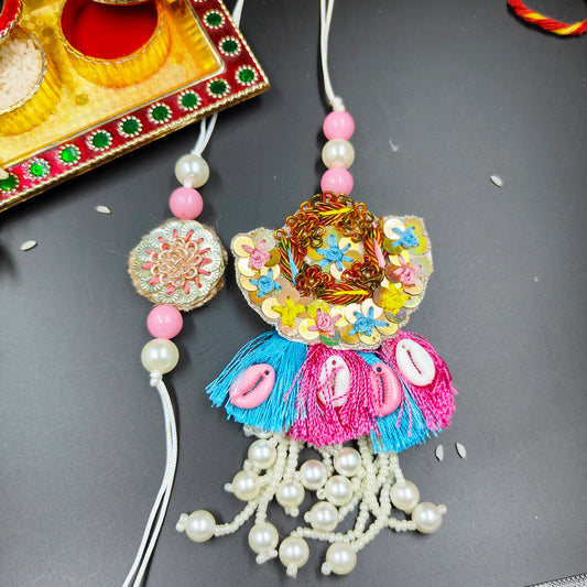 Pink Blue Floral Rakhi Lumba Set